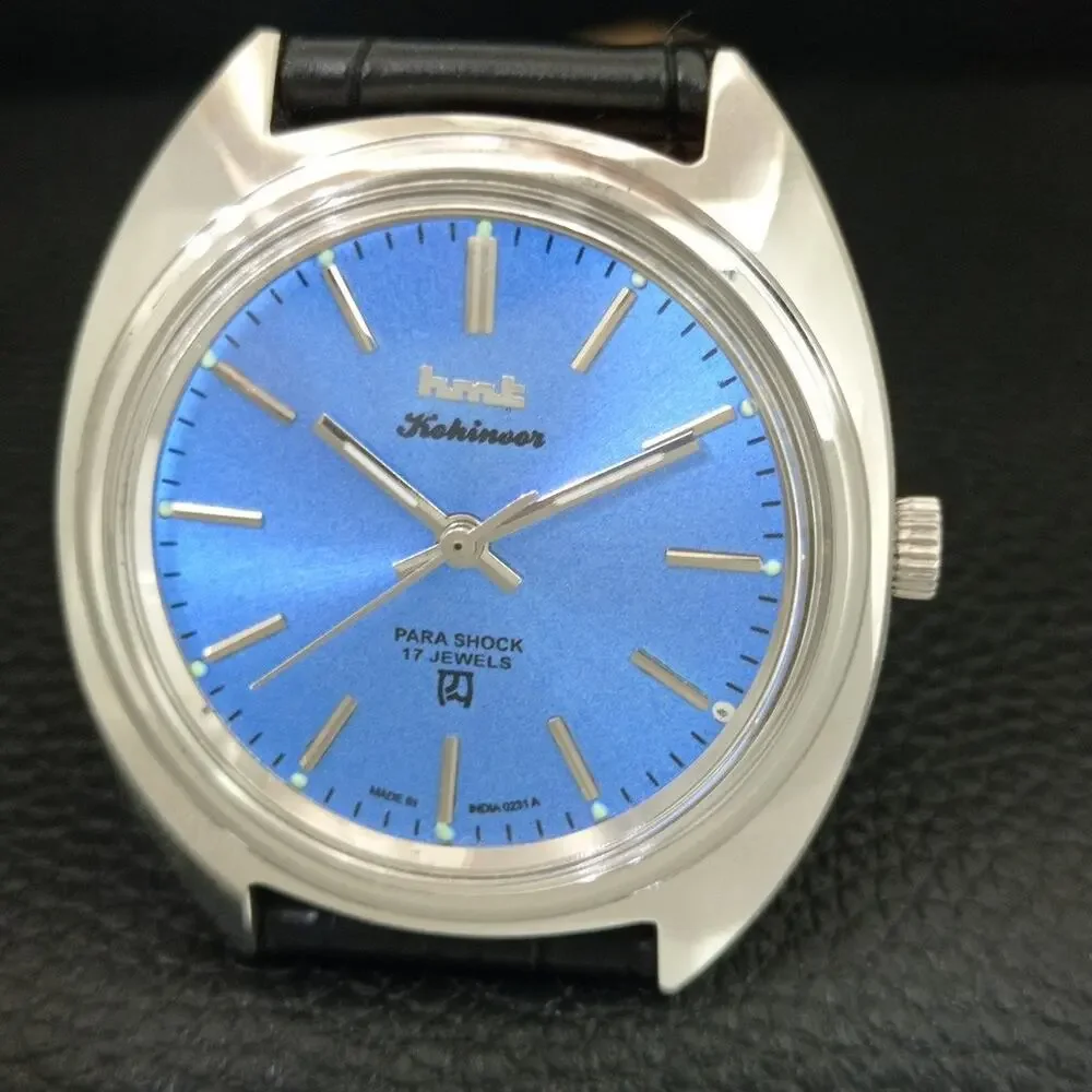 Vintage 1982 HMT Manual Wound Mens Silver Watch & Blue accents
